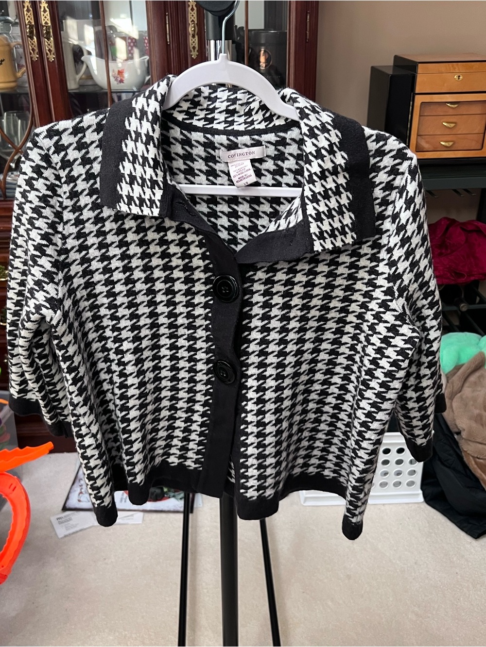 Covington Black and White Houndstooth Knit Blazer Jacket